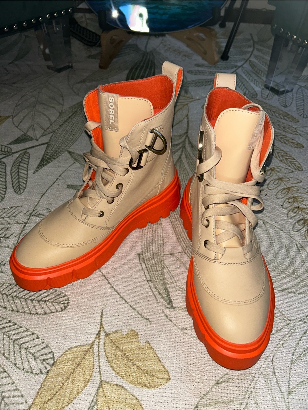 Sorel Women's Beige Waterproof Combat Boots with Bright Chunky Orange Sole